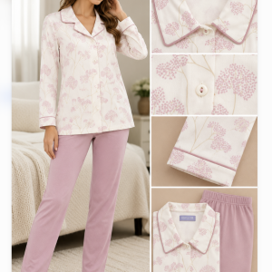Pigiama Donna Linclalor Floreale con Casacca Aperta e Pantalone Rosa Tinta Unita