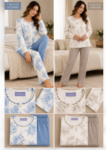 Pigiama Donna Linclalor Floreale con Pantalone Tinta Unita – Azzurro o Tortora