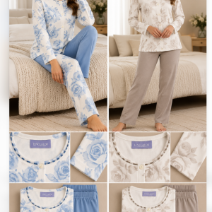 Pigiama Donna Linclalor Floreale con Pantalone Tinta Unita – Azzurro o Tortora