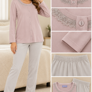 Pigiama Donna Linclalor Rosa Cipria Aperto Avanti con Pantalone Ghiaccio