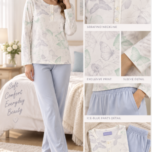 Pigiama Donna Linclalor Serafino con Fantasia Farfalle e Pantalone Ghiaccio