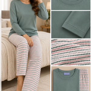 Pigiama Donna Linclalor Verde Salvia con Pantalone Fantasia – Ultimo Pezzo Tg. 54