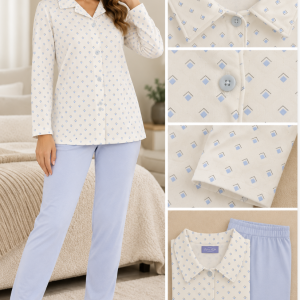 Pigiama Donna Linclalor con Casacca Fantasia e Pantalone Azzurro Tinta Unita