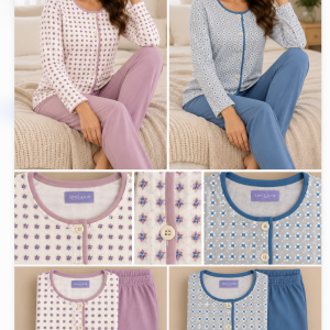 Pigiama Donna Linclalor con Microfantasia e Pantalone Tinta Unita – Rosa o Azzurro