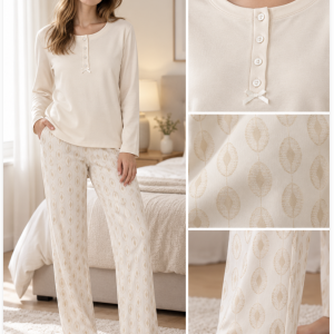 Pigiama Donna Lungo Avorio con Pantalone Fantasia – Bisbigli – Ultimo Pezzo Tg. 56