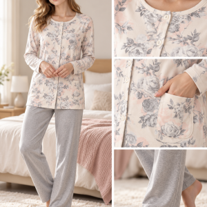 Pigiama Donna Lungo Floreale Aperto Avanti con Pantalone Grigio – Bisbigli