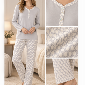 Pigiama Donna Lungo Grigio Perla con Pantalone Fantasia Geometrica – Bisbigli