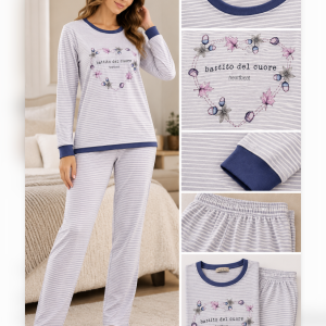 Pigiama Donna Lungo a Righe con Dettagli Blu – Ultimo Pezzo Tg. 54
