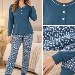 Pigiama Donna Lungo in Caldo Cotone Petrolio con Pantalone Fantasia