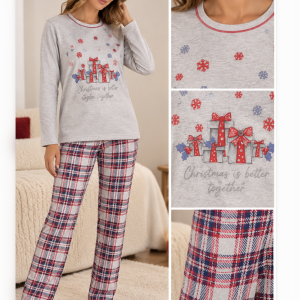 Pigiama Donna Natalizio Grigio con Pantalone Tartan – Bisbigli