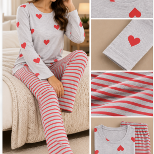 Pigiama Donna Promise Grigio con Cuori Rossi e Pantalone a Righe