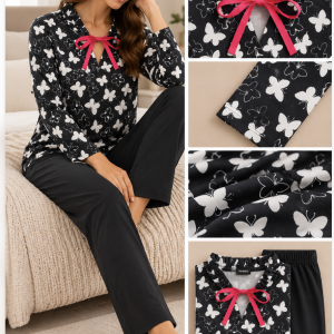 Pigiama Donna Promise Nero con Farfalle e Fiocco Rosso – Ultimo Pezzo Tg. 40