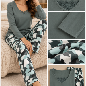 Pigiama Donna Promise Verde Salvia con Pantalone Fantasia – Ultimo Pezzo Tg. 52