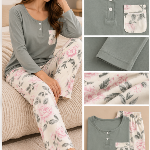 Pigiama Donna Promise Verde Salvia con Pantalone Floreale – Ultimo Pezzo Tg. 46