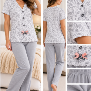Pigiama Donna Verdiani Fantasia Floreale con Pantalone Grigio – Ultima Tg. 46