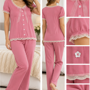Pigiama Donna Verdiani Rosa con Pizzo e Fiocco – Ultima Tg. 42