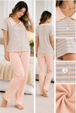 Pigiama Donna Verdiani a Righe con Colletto Rosa – Ultima Tg. 44