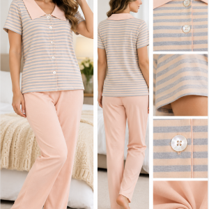 Pigiama Donna Verdiani a Righe con Colletto Rosa – Ultima Tg. 44