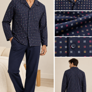 Pigiama Uomo Julipet Aperto con Bottoni e Fantasia Geometrica – Blu Navy | Ultimo Pezzo Taglia 56