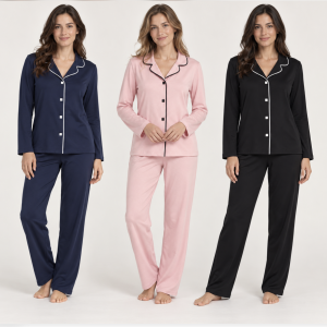 Pigiama donna Jamas aperto davanti con profili a contrasto – Blu notte, cipria e nero