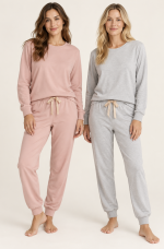 Pigiama donna Jamas girocollo con pantalone jogger – Rosa e grigio chiaro