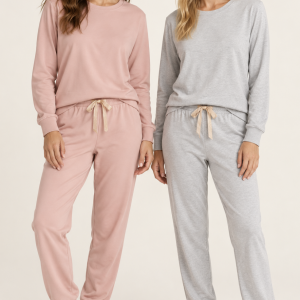 Pigiama donna Jamas girocollo con pantalone jogger – Rosa e grigio chiaro