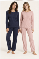 Pigiama donna Jamas in interlock con collo serafino – Blu notte e cipria
