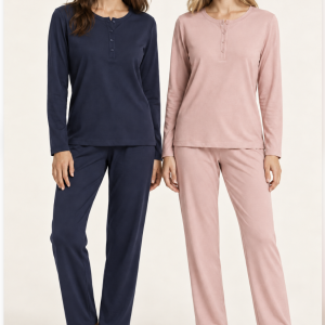 Pigiama donna Jamas in interlock con collo serafino – Blu notte e cipria
