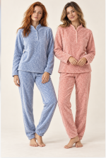 Pigiama donna Linclalor in pile coral con collo alto – Rosa e celeste