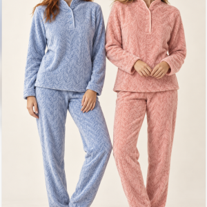 Pigiama donna Linclalor in pile coral con collo alto – Rosa e celeste