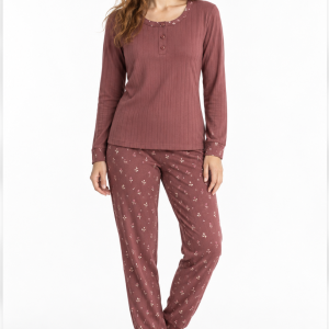 Pigiama donna Linclalor lungo in interlock 100% cotone – Bordeaux con fantasia floreale