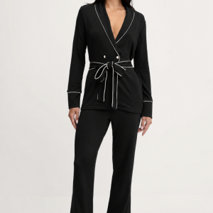 Pigiama donna Twinset lungo nero con cintura e profili a contrasto