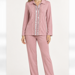 Pigiama donna lungo Verdiani aperto davanti con pizzo rosa antico – Ultimo pezzo taglia 48