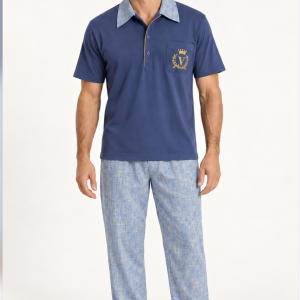 Pigiama uomo Verdiani mezza manica e pantalone lungo con collo polo blu