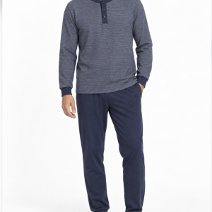 Pigiama uomo You365 lungo in interlock con collo serafino – Blu