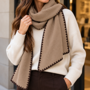 Sciarpa Donna Meryhome in Pile con Asola e Bordi a Contrasto – Beige, Marrone e Blu