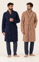 Vestaglia uomo con cintura e collo sciallato – blu navy e cotto