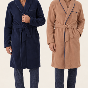 Vestaglia uomo con cintura e collo sciallato – blu navy e cotto